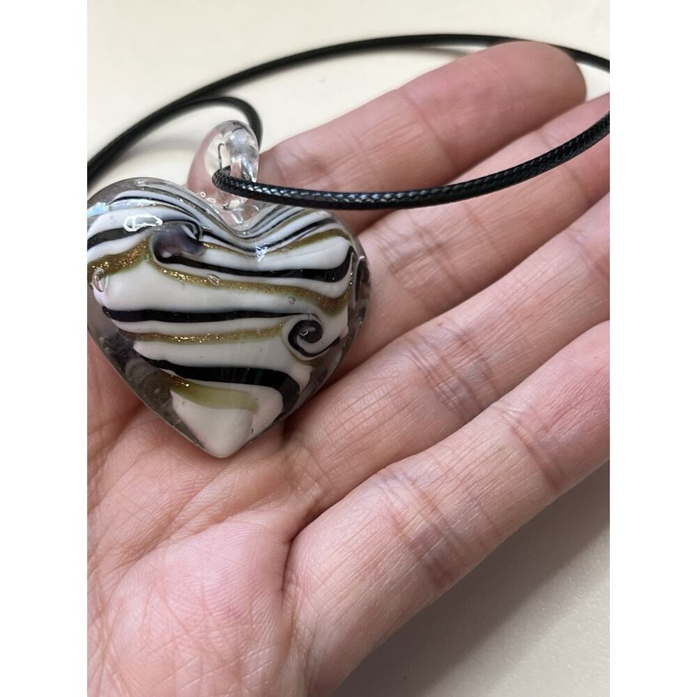 Hand Blown Art Glass Puffy Heart Pendant Clear with Black & Gold Swirls - Picture 5 of 6